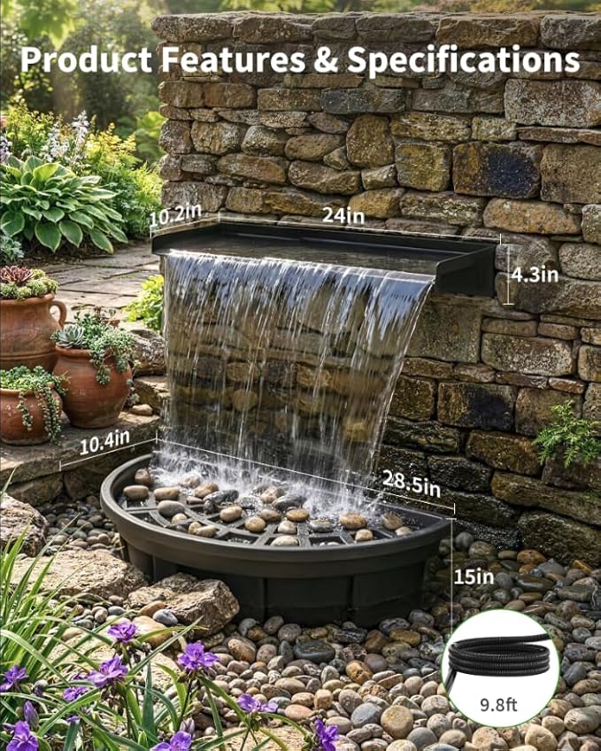 POPOSOAP 24inch Pond Waterfall Spillway with Filter Box & 1600GPH Pump, Self-Circulating Water Feature with LED Lights, Pondless Waterfall for Garden Backyard Courtyard Landscape Decoration-P7665