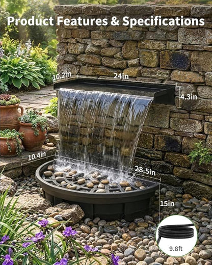 POPOSOAP 24inch Pond Waterfall Spillway with Filter Box & 1600GPH Pump, Self-Circulating Water Feature with LED Lights, Pondless Waterfall for Garden Backyard Courtyard Landscape Decoration-P7665