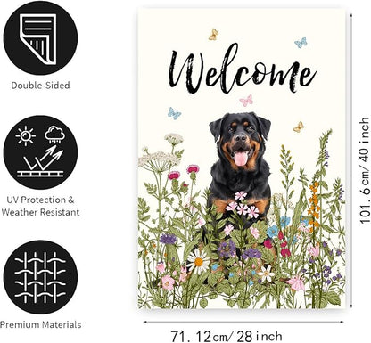 Floral Rottweiler Garden Flag Spring Summer House Flags 28 x 40 Double Sided Flower Dog Yard Flags for Outside Large Outdoor Welcome Flags
