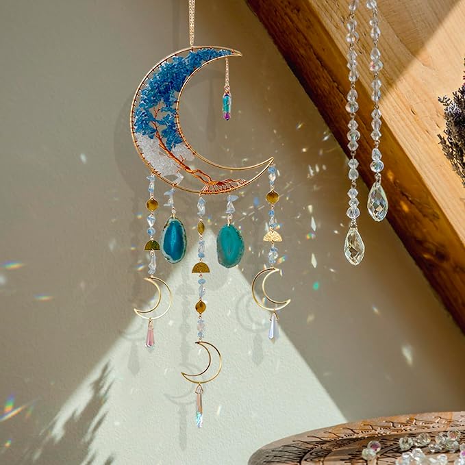 Moon Wind Chimes with Handcrafted Crystal Tree for Home Wall Decor Aesthetic, Dorm Wall Decor, Iridescent Décor, Crystal Sun Catchers, Unique Gift for Women, Teen Girl Gift