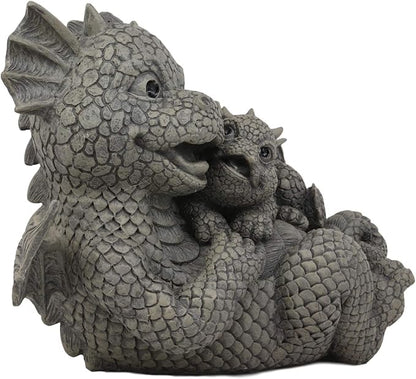 Ebros Garden Dragon Family Mommy and Me Time Statue 8" Long Cute Baby On Mother's Bosom Dragons Faux Stone Resin Finish Figurine Fantasy Home Decor