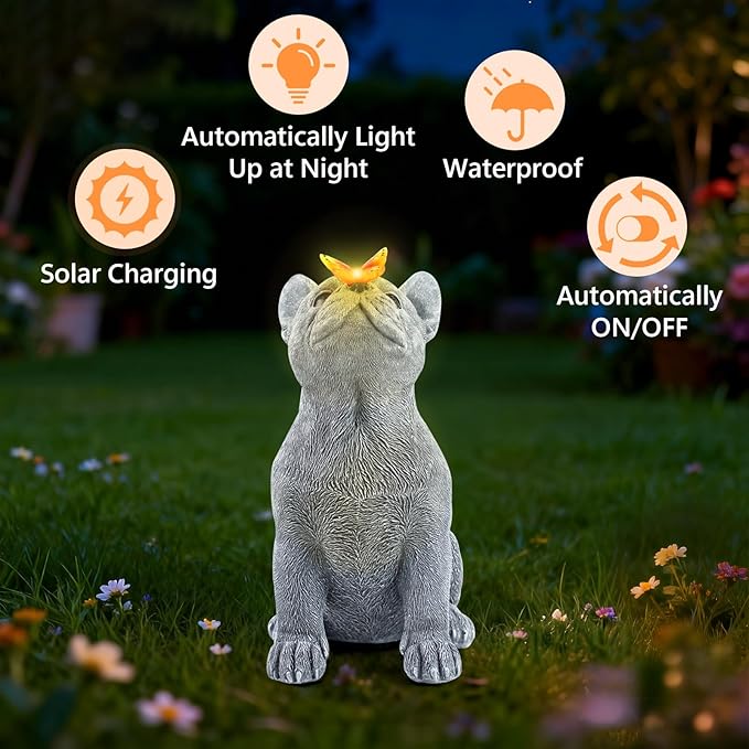 Dog Statue with Solar Butterfly, Cute French Bulldog Garden Statue Outdoor Decor for Outside Yard Lawn Patio Porch, Resin Garden Art Home Decorations Figurine, Dog Lovers Gifts for Women Mom