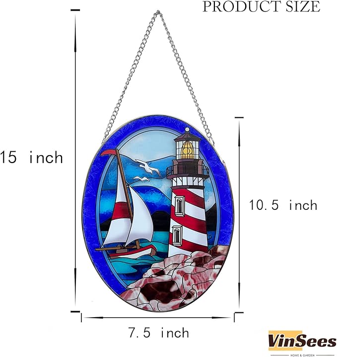 Pigeon Point Lighthouse Stained Glass Window Hanging, Suncatcher Home Decor with Chains, Suncatcher for Windows, Colorful Glass Ornament, Indoor Outdoor Home Decor Garden Decoration