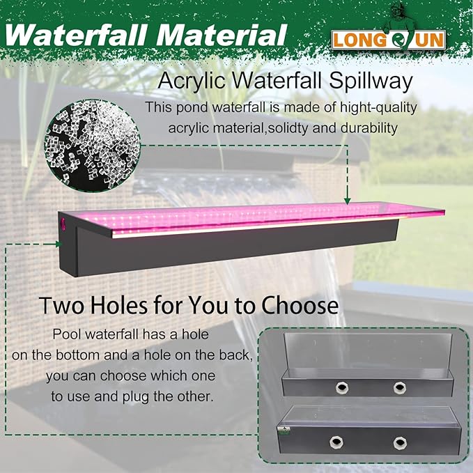 LONGRUN 90cm Pond Waterfall Blade,Acrylic Pool Fountain with RGB Bluetooth LED Light, Complete Waterfall & Stream Kits for Outdoor Water Features