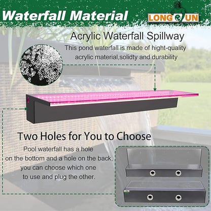 LONGRUN 90cm Pond Waterfall Blade,Acrylic Pool Fountain with RGB Bluetooth LED Light, Complete Waterfall & Stream Kits for Outdoor Water Features