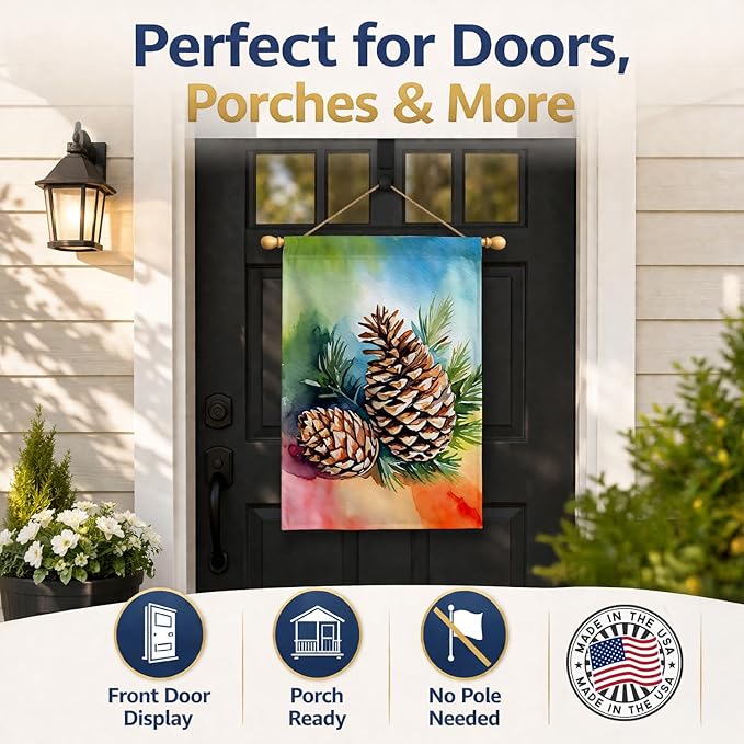Caroline's Treasures Maine White Pine Cone and Tassels in Watercolor House Flag Large Porch Sleeve Pole Decorative Outside Yard Banner Artwork Wall Hanging, Polyester, House Size, Multicolor