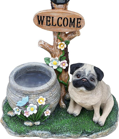 Solar Light Animal Outdoor Statue Planter with Welcome Sign, Resin Garden Sculpture Flower Pot for Patio Lawn Porch Yard Courtyard Decor, Weather-Resistant Decorative Figurine Accent (N)