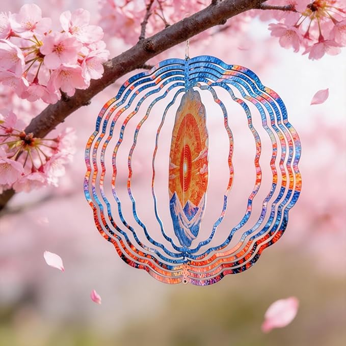 10x10 Sunrise Mountain Forest Spinning Wind Chime Pointillist Sun Snow Peak Crystal Chimes Outdoor Garden Wind Spinner Mother's Day Housewarming Gift