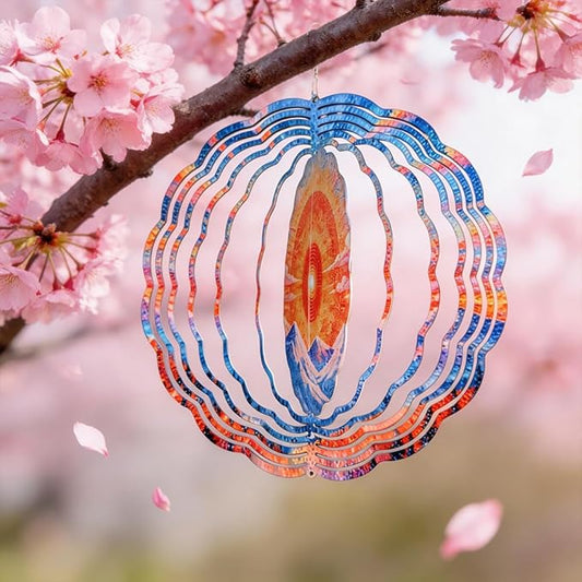 10x10 Sunrise Mountain Forest Spinning Wind Chime Pointillist Sun Snow Peak Crystal Chimes Outdoor Garden Wind Spinner Mother's Day Housewarming Gift