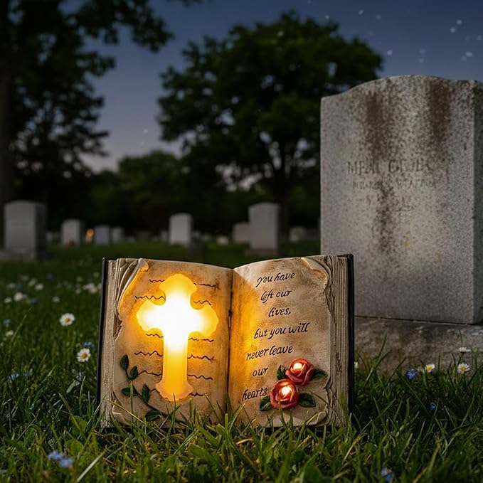 Candieslife Outdoor Solar Memorial Cross Stakes Lights, Waterproof Book Statue Grave Decorations Sympathy Gifts for Cemetery Garden Lawn Yard Patio Home Decor