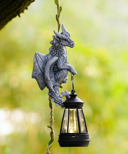 Dragon Outdoor Statue with Lantern: 23.6" Mythical Guardian Figurine & Vine Tree Yard Art, Porch Patio Lawn Decor, Whimsical Outdoor Gift for Mom Children