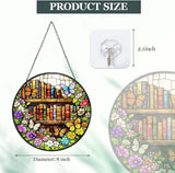 Butterfly Bookshelf Stained Glass Window Hanging – Round Floral Suncatcher with Chain, Colorful Glass Ornament for Reading Room Home Garden Decor Gift, 8 Inch