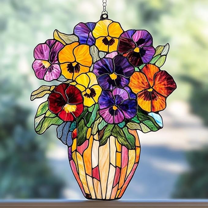 Acrylic Suncatcher Colorful Window Hanging Ornament Sun Catcher Panel for Home Decor Car Garden Gift Spring Pansy Flowers Acrylic Suncatcher