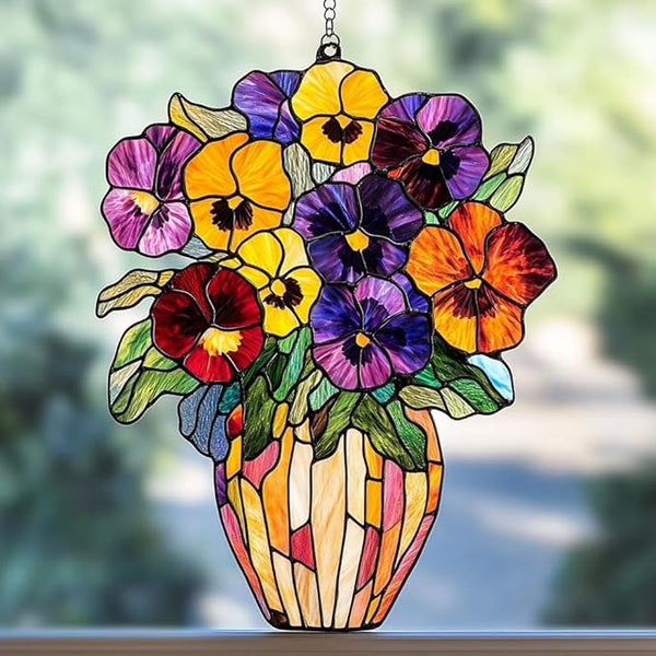 Acrylic Suncatcher Colorful Window Hanging Ornament Sun Catcher Panel for Home Decor Car Garden Gift Spring Pansy Flowers Acrylic Suncatcher