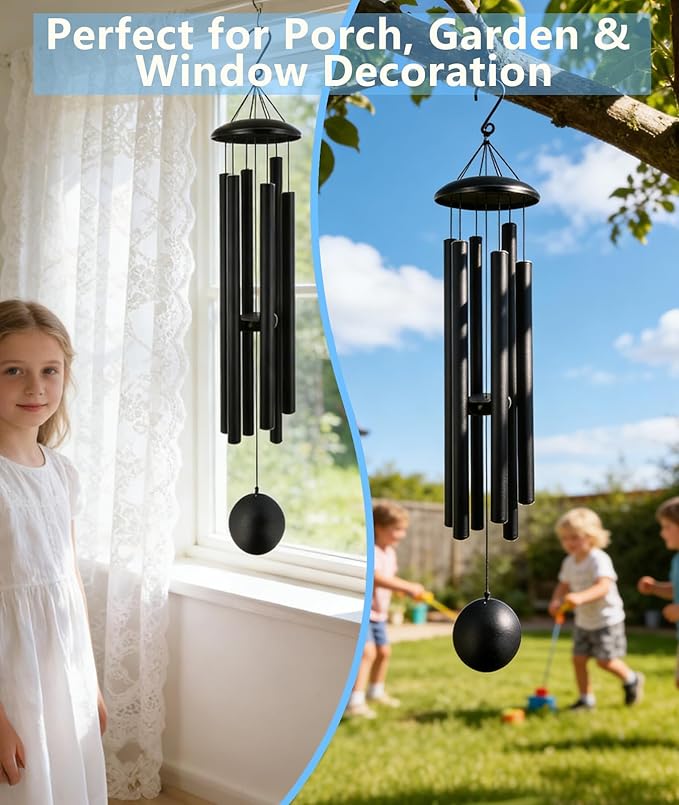 48 Inch Memorial Wind Chimes Outdoor, Large Deep Tone with 6 Heavy Aluminum Tubes, Hand-Tuned Sympathy Gift for Loss of Loved One, Garden Hanging Decor for Yard, Black (48")
