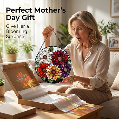 Birthday Gifts for Women - Colorful Flowers Faux Stained Glass Window Hanging Sun Catcher for Door Garden Acrylic Decor Mother's Day Christmas for Mom Nana Grandma Sisters Wife 7.8"
