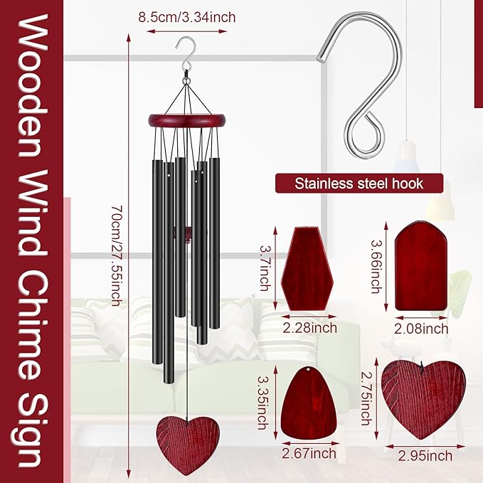 Tatuo 4 Pcs Memorial Wind Chimes 28 Inch Wooden Sympathy Wind Chimes DIY Sympathy Gift for Father's Day Loss of Loved One Bereavement with 6 Aluminum Tube for Indoor Outdoor(Black,Classic Style)