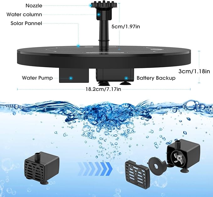 AISITIN 3.5W Solar Fountain Pump Built-in 1500mAh Battery, Bird Bath Fountain with 6 Nozzles, Solar Floating Water Pump for Bird Bath, Fish Tank, Pond, Pool, Garden and Outdoor