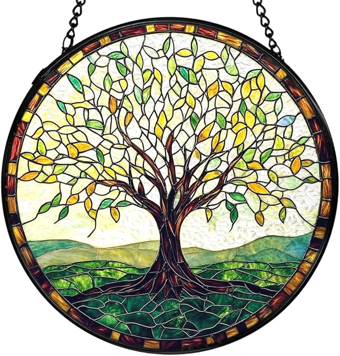 Tree of Life Suncatchers Stained Glass Window Hanging, Tree of Life Decor Sun Catchers Indoor Window Glass Round Wall Decor, Nature Wall Hanging Decorations, 7.9x7.9in