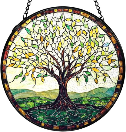 Tree of Life Suncatchers Stained Glass Window Hanging, Tree of Life Decor Sun Catchers Indoor Window Glass Round Wall Decor, Nature Wall Hanging Decorations, 7.9x7.9in
