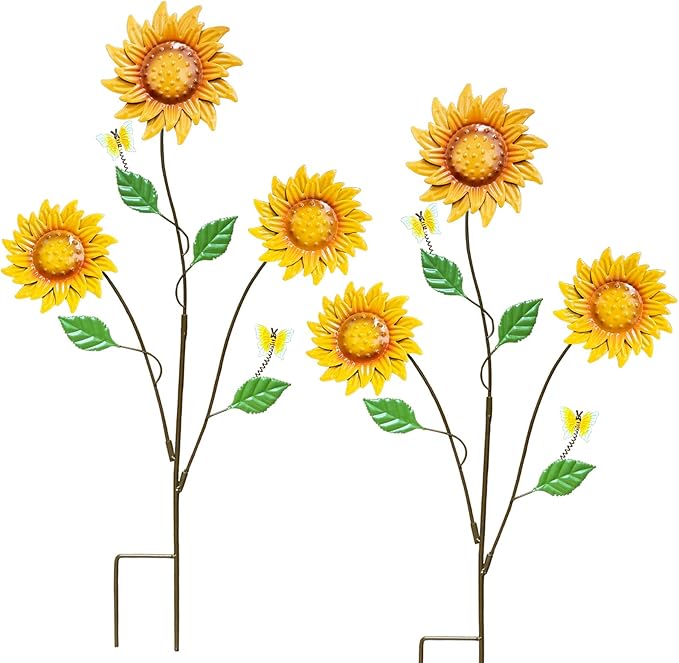Metal Flowers for Outside, 30-Inch Iron Sunflower Garden Stakes Set of 2, Metal Yard Art Outdoor and Garden, Decorative Garden Stakes for Patio & Lawn Decor (Yellow)