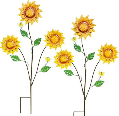 Metal Flowers for Outside, 30-Inch Iron Sunflower Garden Stakes Set of 2, Metal Yard Art Outdoor and Garden, Decorative Garden Stakes for Patio & Lawn Decor (Yellow)