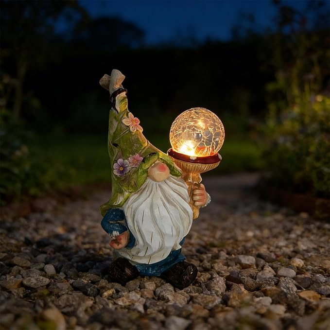 Garden Gnome Solar Light Statue - Outdoor Decorative Figurine with Crackle Glass Globe, Blue & White Floral Design, Waterproof LED Yard Art for Patio, Lawn, Garden, Porch