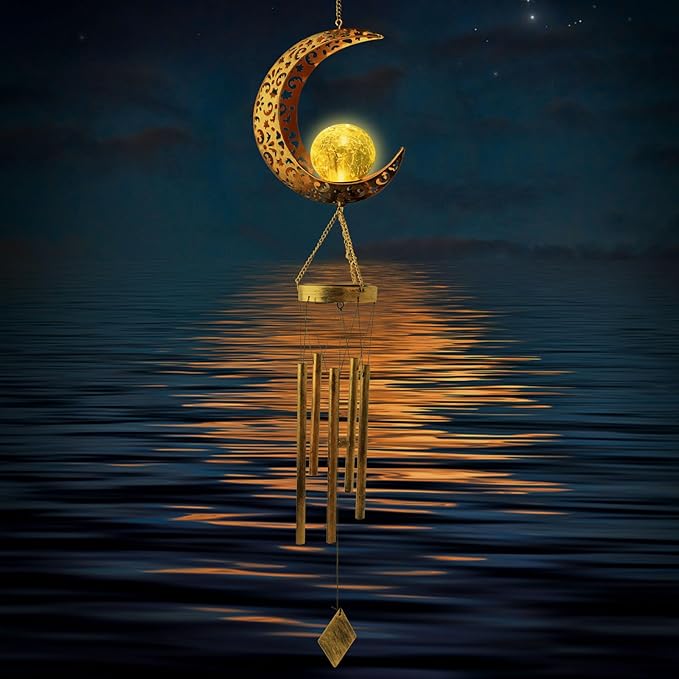 Solar Moon Wind Chimes for Outside Unique Birthday Gifts for Women Mom Grandma Crackle Glass Ball LED Wind Chimes Solar Lights Outdoor Decor Decorative Light for Garden Patio Yard Porch