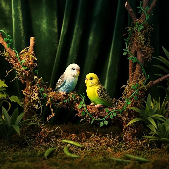 LOGOFUN 2pcs Simulation Birds Figrines Plastic Parakeets Statue Model Wildlife Garden Decoration (Green + Blue) - 3.14X1.26X0.90in