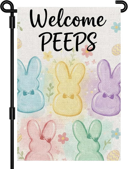 Welcome Peeps Bunny Easter Garden Flag 12 x 18 Inch Double Sided Outside Flag, Painted Rabbits, Welcome Spring Flag Outdoor Yard Easter Holiday Decoration