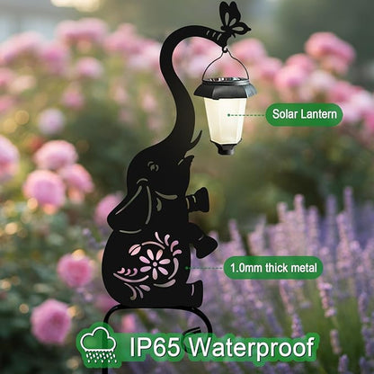 Metal Elephant with Solar Lantern Garden Stake,Garden Lights Solar Powered, Outdoor Decorations for Yard (Black Elephant)