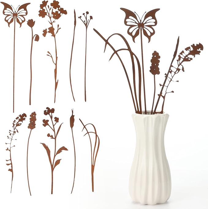 LEIFIDE 10 Pcs Metal Flowers Garden Stakes Rustic Bouquet Decoration for Pot Outdoor Metal Decor with Grass Flowers and Butterfly Iron Floral Plant Stakes for Yard Lawn Patio Porch Walkway