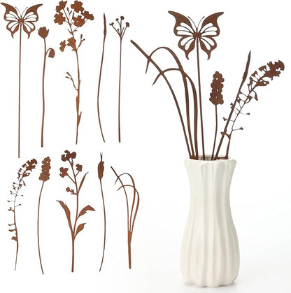 LEIFIDE 10 Pcs Metal Flowers Garden Stakes Rustic Bouquet Decoration for Pot Outdoor Metal Decor with Grass Flowers and Butterfly Iron Floral Plant Stakes for Yard Lawn Patio Porch Walkway