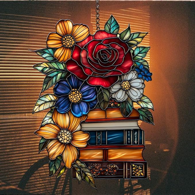 Floral Books Stack Acrylic Suncatcher Stained Glass Effect Window Car Hanging Christmas Ornament Indoor Outdoor Decor Garden Sun Catcher Panel for Book Lover for Women Mom Grandma