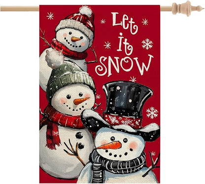 CROWNED BEAUTY Christmas Snowman House Flag 28x40 Inch Double Sided Red Xmas Let It Snow Decoration for Outside Yard CF1898-40