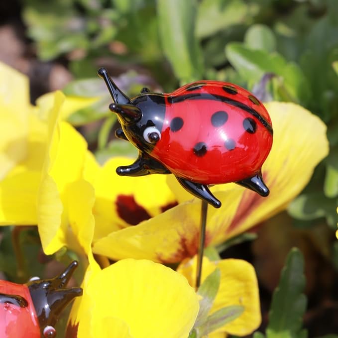 Crystal Insect Glass Ladybird Outdoor Decor Garden Stakes Hand-Blown Artificial Flower Plant Ornaments 2PCS Ladybug Yard Art
