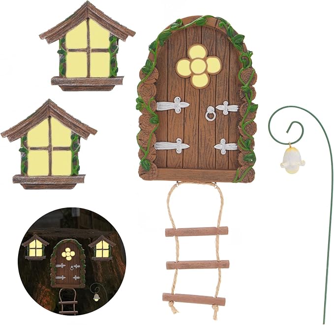 Fairy Door and Windows for Trees Outdoor, Glow in The Dark Fairy Doors Miniature Fairy Garden Accessories, Yard Art Sculpture Decoration Fairy Garden Decor with Lantern for Outside, Patio (Ladder)