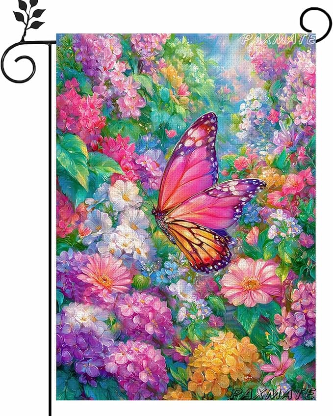 Spring Garden Flag for Outside 12x18 Inch Double Sided, Butterfly Flowers Small Yard Outdoor Flags for Seasonal Spring Summer Farmhouse Holiday Decoration