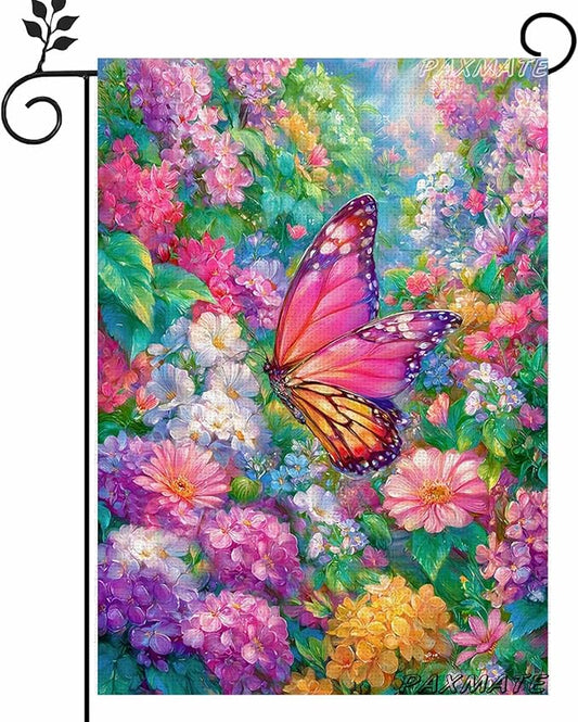 Spring Garden Flag for Outside 12x18 Inch Double Sided, Butterfly Flowers Small Yard Outdoor Flags for Seasonal Spring Summer Farmhouse Holiday Decoration