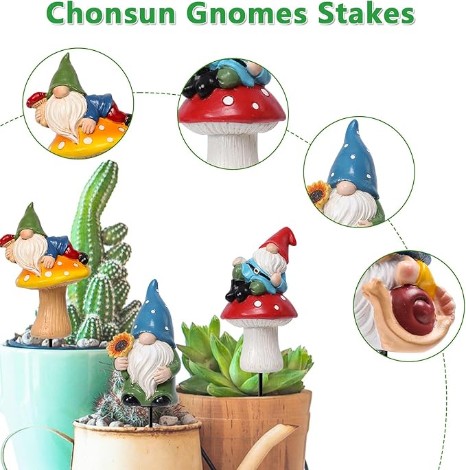 Garden Gnomes Stakes 3 Inch Plant Decorations for Pots Outdoor Statues Gnome Garden Decor 3 Pack Mini Gnomes Decorations
