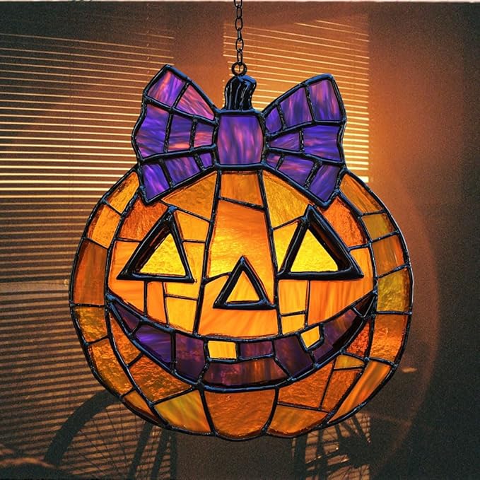 Jack-o'-Lantern Purple Tie Acrylic Suncatcher Stained Glass Effect Window Car Hanging Christmas Ornament Indoor Outdoor Decor Garden Sun Catcher Panel for Halloween Lover for Women Mom Grandma