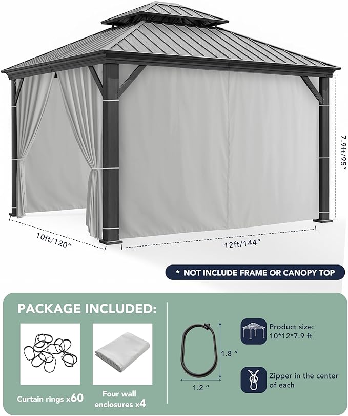 Gazebo Universal Replacement Privacy Curtains - 10'Wx12'Lx7'H Gazebo Curtains Outdoor Waterproof, 4 Panels Sidewall Drapes with Zipper for Patio Pergola Garden Backyard, Silver