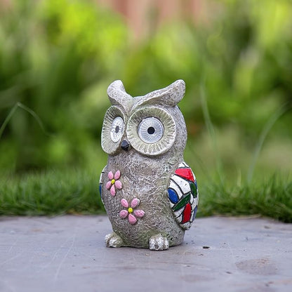 Solar Garden Owl Statue - Decorative Owl Figurine with Solar Powered Eyes, Gray Stone-Look Finish for Outdoor Decor