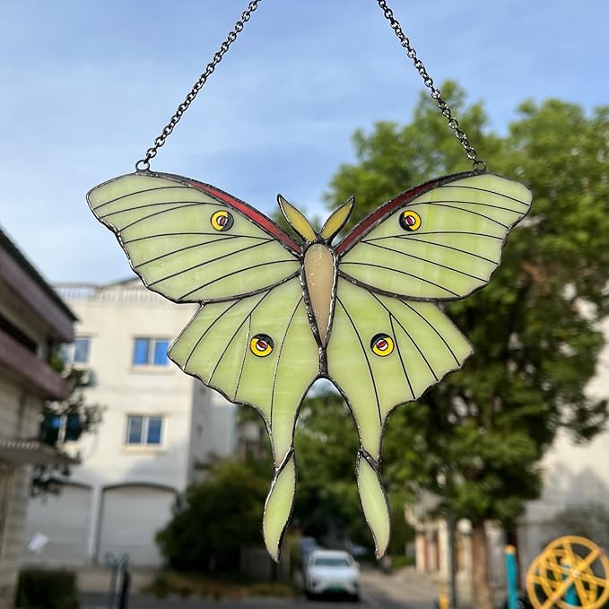 Green Luna Moth Stained Glass Window Hanging, Handmade Sun Catcher Glass Panel Wall Art Decor with Chain, Luna Moth Gifts for Women Mom Grandma, Outdoor Indoor Art Decor for Home Garden