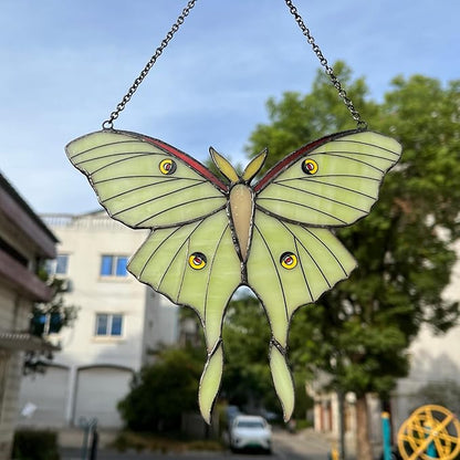 Green Luna Moth Stained Glass Window Hanging, Handmade Sun Catcher Glass Panel Wall Art Decor with Chain, Luna Moth Gifts for Women Mom Grandma, Outdoor Indoor Art Decor for Home Garden