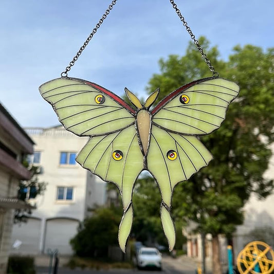 Green Luna Moth Stained Glass Window Hanging, Handmade Sun Catcher Glass Panel Wall Art Decor with Chain, Luna Moth Gifts for Women Mom Grandma, Outdoor Indoor Art Decor for Home Garden