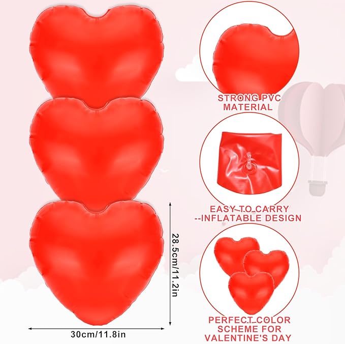 JarThenaAMCS 11" Valentine's Day Inflatable Heart Balloon Red Heart Shape Blow Up Hanging Ornaments Decorations PVC Indoor Outdoor Decor for Wedding Garden Yard Lawn Party Supplies, 10Pcs