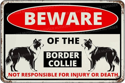 Beware Of The Dog Border Collie Sign Aluminum Metal Tin Signs Outdoor Yard Sign Warning Sign For Fence Yard Home Kitchen Farm Garden Wall Decor 8x12 Inch