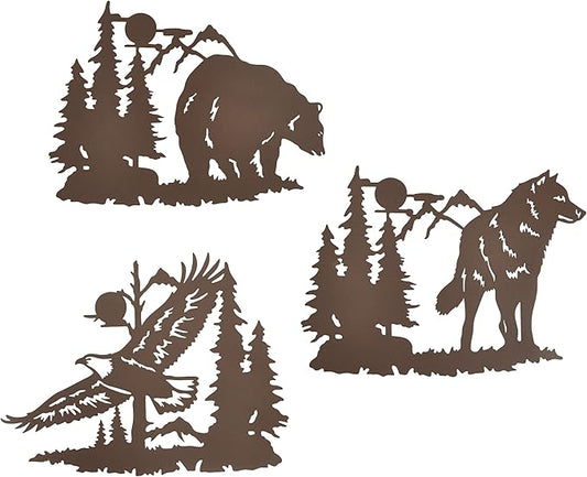 J-Fly Metal Bear Wall Decor Eagle Wall Decor Wildlife Wall Art Rustic Cabin Decor Laser Cut Bear and Wolf Eagle For Living Room Valentine Bathroom etc Indoor & Outdoor Decor 3 Pack