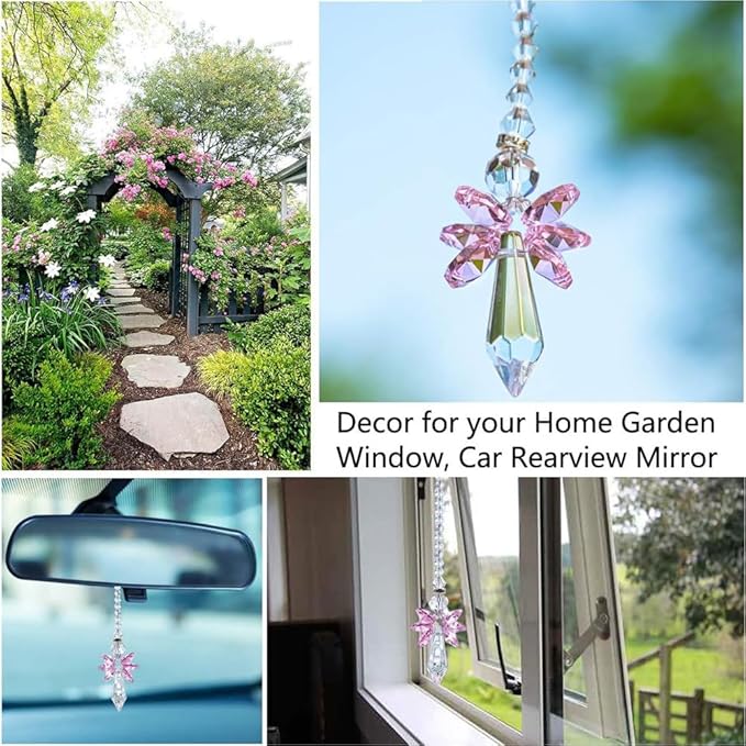 Rainbow Guardian Angel Crystal Suncatcher Hanging Ornament Pink Glass Prism Rainbow Maker for Home Window Car Porch Decoration Spiritual Sun Catcher Gift for Mom Women Friends